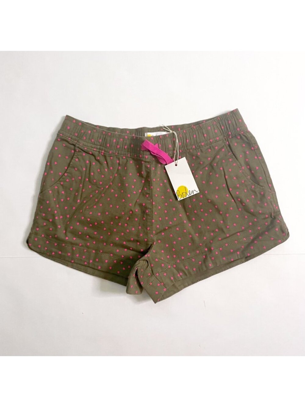 NWT Mini Boden Green Pink Polka Dot Heart Pocket Shorts, Size 13